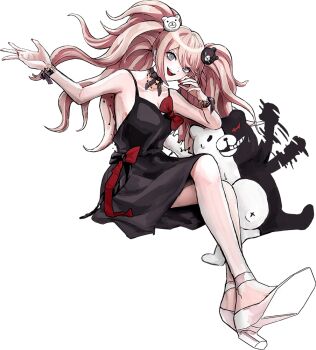 1girl alternate_costume artist_request bear_hair_ornament black_dress black_ribbon blonde_hair blue_eyes bow bracelet danganronpa:_trigger_happy_havoc danganronpa_(series) dress enoshima_junko eyelashes fingernails hair_ornament high_heels jewelry long_hair monokuma motion_blur nail_polish neck_ribbon necklace official_art open_mouth red_bow red_nails ribbon second-party_source shoes sitting smile sweat teeth transparent_background twintails upper_teeth_only white_shoes