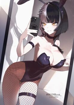 1girl absurdres bare_shoulders belt black_choker black_hair black_leotard black_nails black_pantyhose blush breasts choker collarbone commentary fingernails grey_hair highres holding holding_phone hololive hololive_english large_breasts leotard long_hair multicolored_hair nail_polish pantyhose phone playboy_bunny reon_(98109reon) shiori_novella smile solo split-color_hair thigh_belt thigh_strap thighs two-tone_hair virtual_youtuber yellow_eyes