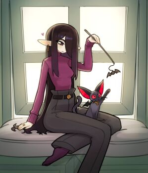 Rule 34 | 1girl, absurdres, animal ears, bat ears, bat wings, belt, belt buckle, black belt, black cat, black hair, black pants, breasts, brown eyes, buckle, cat, cat teaser, commentary, earrings, english commentary, hair over one eye, heart, high-waist pants, highres, jewelry, justadrian (yoadriandk), licorice (justadrian), long hair, long pointy ears, long sleeves, medium breasts, one eye covered, original, pants, pointy ears, ring, sitting, smile, solo, turtleneck, very long hair, window, wings