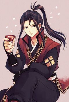 1boy absurdres artist_name black_eyes black_hair black_pants brown_background closed_mouth cup falling_petals high_ponytail highres hikari_ku holding holding_cup japanese_clothes male_focus octopath_traveler octopath_traveler_ii pants petals ponytail sakazuki simple_background sitting solo togekawaaaaaa twitter_username watermark