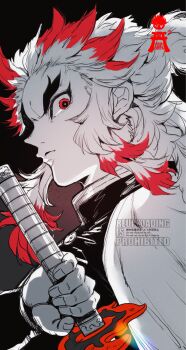 1boy black_background buttons demon_slayer_uniform fingernails haori highres holding holding_sword holding_weapon jacket japanese_clothes kimetsu_no_yaiba looking_at_viewer male_focus multicolored_hair partially_colored red_hair rengoku_kyoujurou solo sword takoyatsurngk thick_eyebrows two-tone_hair upper_body weapon
