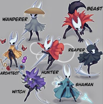 1girl alternate_costume arthropod_girl black_cloak black_eyes black_skin cloak colored_skin full_body highres holding holding_scythe holding_weapon hollow_eyes hollow_knight hollow_knight:_silksong horned_mask hornet_(hollow_knight) horns liet4649 looking_at_viewer mask needle_(hollow_knight) red_cloak scythe simple_background standing weapon white_mask yellow_cloak