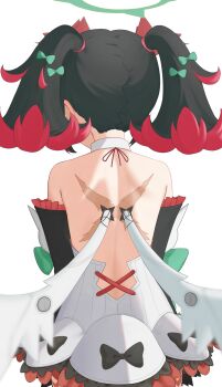 1girl 4kebidayo absurdres artificial_wings back bare_shoulders black_hair blurry colored_inner_hair commentary_request depth_of_field detached_sleeves highres median_furrow medium_hair multicolored_hair nangong_yu red_hair scar scar_on_back simple_background solo twintails white_background zenless_zone_zero