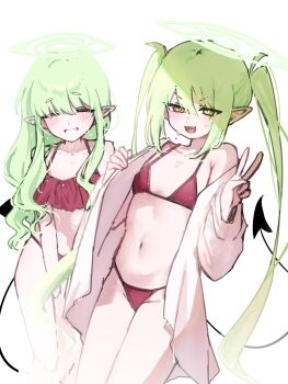 2girls ^_^ absurdres bikini blue_archive blush breasts closed_eyes demon_tail feet_out_of_frame green_hair grin halo highres hikari_(blue_archive) jacket long_hair looking_at_viewer multiple_girls navel nozomi_(blue_archive) pointy_ears red_bikini siblings sima.ani sisters small_breasts smile stomach straight_hair swimsuit tail thighs twins twintails v very_long_hair white_jacket