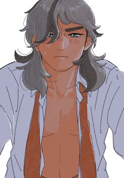 1boy arven_(pokemon) bare_pectorals blush closed_mouth collarbone collared_shirt enu_atsnc eyelashes grey_eyes grey_hair hair_over_one_eye highres male_focus multicolored_hair necktie nintendo open_clothes open_shirt pectorals pokemon pokemon_sv red_necktie shirt simple_background solo streaked_hair thick_eyebrows undone_necktie upper_body white_background white_shirt