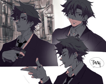 1boy cigarette coat commentary_request emiya_kiritsugu facial_hair fate/zero fate_(series) finger_gun gun handgun highres holding holding_gun holding_weapon light_frown limited_palette majimaaa male_focus necktie serious signature smoking stubble trigger_discipline weapon