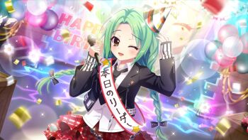 1girl balloon birthday black_bow black_jacket black_necktie blurry blurry_foreground blush bow braid brick_wall chain chain_bracelet confetti crate dot_nose dutch_angle film_grain forehead game_cg green_hair hair_bow happy_birthday hat holding holding_microphone idol idol_clothes izumi_tsubasu jacket lens_flare long_braid long_hair microphone necktie non-web_source official_art one_eye_closed open_mouth paper_chain party_hat plaid_clothes plaid_skirt re:stage! red_skirt sash screen shirokita_kuroha shirt single_braid skirt smile solo sparkle stage_lights star_(symbol) tilted_headwear translated white_sash white_shirt yellow_eyes