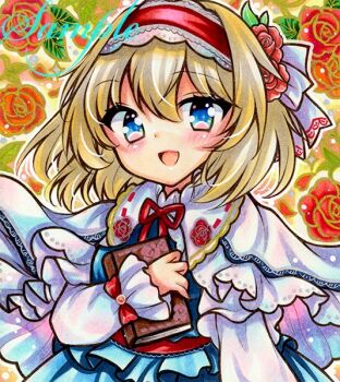 Rule 34 | 1girl, alice margatroid, blonde hair, blue dress, blue eyes, blush, book, capelet, commentary request, dress, floral print, flower, hair flower, hair ornament, hairband, holding, holding book, long sleeves, looking at viewer, marker (medium), medium hair, neck ribbon, open mouth, red flower, red hairband, red ribbon, red rose, ribbon, rose, rose print, rui (sugar3), sample watermark, smile, solo, touhou, traditional media, watermark, white capelet