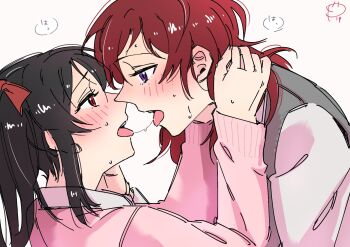2girls after_kiss black_hair breath commentary_request eye_contact grey_sweater_vest highres looking_at_another love_live! love_live!_school_idol_project medium_hair multiple_girls nishikino_maki otonokizaka_school_uniform pink_sweater purple_eyes red_eyes red_hair saliva saliva_trail school_uniform surfacedxxc sweater sweater_vest tongue tongue_out twintails yazawa_nico yuri