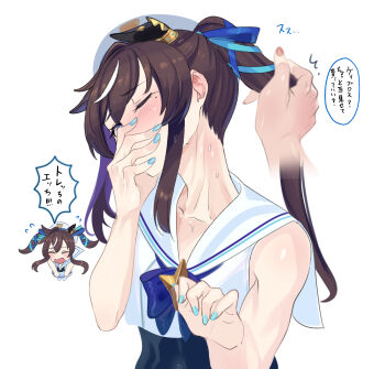 1girl animal_ears beret brushing_another's_hair brushing_hair commentary_request covering_own_mouth doushi_tatsu_to_dekkai_no ear_covers extra_ears hand_in_another's_hair hat highres horse_ears horse_girl long_hair looking_at_viewer mole mole_under_eye neck one_eye_closed pink_nails pov school_uniform serafuku shirt single_ear_cover sleeveless sleeveless_shirt solo sweat translation_request twintails umamusume vivlos_(umamusume) vivlos_(voyage_etincelant)_(umamusume) white_background white_hat white_serafuku