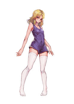 Rule 34 | 1girl, absurdres, bare shoulders, blonde hair, blush, breasts, chinese commentary, closed mouth, covered erect nipples, covered navel, dress, expressionless, eyelashes, full body, hair ribbon, highres, lips, looking at viewer, medium hair, morinosuke, moriya suwako, purple dress, red ribbon, ribbon, shirt, short dress, simple background, small breasts, solo, standing, thighhighs, thighs, touhou, white background, white thighhighs, zettai ryouiki