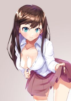 1girl amezaki_chihaya aqua_eyes breasts brown_hair cleavage closed_mouth commentary_request highres jikkyou_powerful_pro_yakyuu large_breasts lifting_own_clothes long_hair looking_at_viewer ootsuka_rei partially_unbuttoned power_pro_kun_pocket power_pro_kun_pocket_13 red_skirt shirt simple_background skirt solo unbuttoning white_shirt