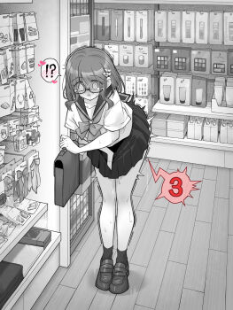 Rule 34 | !?, 1girl, bag, blush, commentary request, flat chest, glasses, highres, holding, holding bag, implied vibrator, indoors, kakuremino7928, large variant set, leaning forward, medium hair, miniskirt, monochrome, open mouth, original, paid reward available, pleated skirt, pussy juice, sailor collar, sailor shirt, school uniform, semi-rimless eyewear, serafuku, shirt, shoes, short sleeves, skirt, socks, solo, speech bubble, spoken interrobang, standing, trembling, under-rim eyewear, variant set