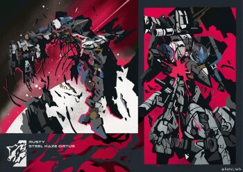 armored_core armored_core_vi:_fires_of_rubicon battle_damage blue_eyes character_name debris full_body holding holding_weapon humanoid_robot impaled kuroihato loader_4 mecha mecha_focus missing_limb no_humans pile_bunker red_background robot science_fiction shoulder_cannon steel_haze_ortus twitter_username weapon