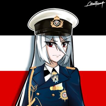 1girl arnold_fland artist_name buttoned_jacket collar cross flag flag_background german_clothes german_flag germany hair_between_eyes hat imperial_german_flag iron_cross lapels long_hair medal military military_hat military_uniform original red_eyes shadow very_long_hair white_hair