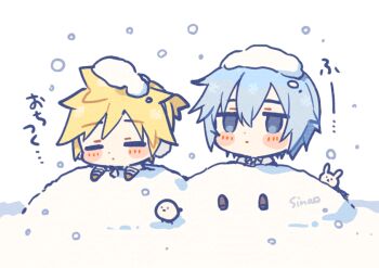 2boys blonde_hair blue_eyes blue_hair blush_stickers closed_eyes closed_mouth commentary_request day dot_nose double-parted_bangs hair_between_eyes jitome kagamine_len kaito_(vocaloid) male_focus multiple_boys outdoors rabbit short_hair signature simple_background sinaooo snow snow_on_head snowing translation_request vocaloid white_background winter