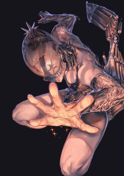 1boy 1girl apron black_apron black_background bomb bomb_devil_(chainsaw_man) chainsaw_devil chainsaw_man commentary denji_(chainsaw_man) dynamite elbow_gloves english_commentary explosive foreshortening gloves grin highres incoming_attack nameno92372763 object_head open_hand outstretched_arms reflection reze_(chainsaw_man) simple_background smile spread_arms squatting toned toned_female