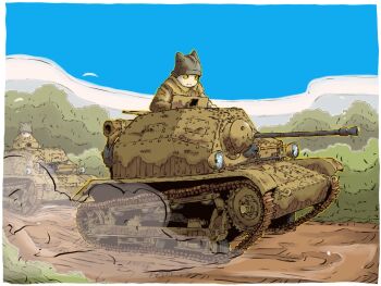 2boys blue_sky bush cat_boy caterpillar_tracks dirt_road gun helmet highres hill machine_gun military_vehicle motor_vehicle multiple_boys on_tank original road shovel sky tank vehicle_focus vehicle_request weapon yabarn