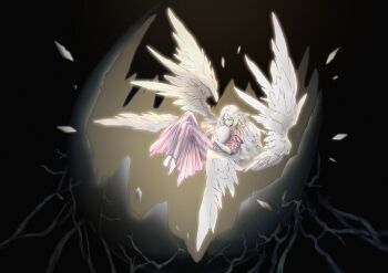Rule 34 | 1girl, absurdres, angel, angel wings, barefoot, black background, braid, commentary, dress, egg, feathered wings, floating, full body, girl (tenshi no tamago), hatching, highres, holding, holding egg, lachryma averis, long hair, multiple wings, pale skin, solo, striped clothes, striped dress, tenshi no tamago (anime), very long hair, white hair, white wings, wings