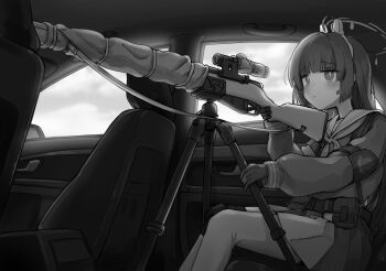 1girl absurdres aiming animal_ears belt_pouch blue_archive bolt_action car_interior car_seat chest_harness commentary_request fake_animal_ears feet_out_of_frame gloves greyscale gun halo harness headset highres knee_pads long_hair miniskirt miyano_apsis miyu_(blue_archive) monochrome mosin-nagant pantyhose pouch rabbit_ears rifle sailor_collar school_uniform scope serafuku single_knee_pad sitting skirt sniper_rifle solo tripod weapon