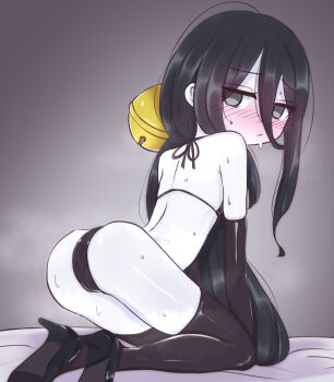 1girl ass bikini black_bikini black_hair black_thighhighs blush chabatake_yunomi chuugoku_usagi commentary_request elbow_gloves flat_chest gloves grey_eyes high_heels highres long_hair looking_at_viewer looking_back micro_bikini pale_skin solo steaming_body sweat swimsuit thighhighs very_long_hair voicevox