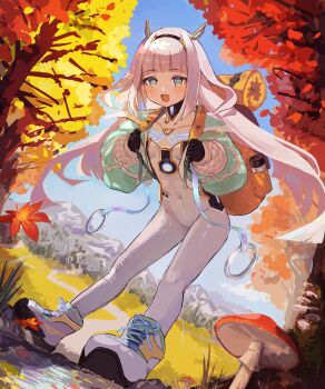 1girl aqua_jacket autumn autumn_leaves backpack bag black_gloves black_hairband blue_eyes blue_sky blunt_bangs blunt_ends bodysuit collarbone covered_navel cropped_jacket detached_collar eudie_(shadowverse) gloves grey_hair hairband highres jacket leaf long_hair long_sleeves looking_at_viewer mountainous_horizon mushroom open_clothes open_jacket open_mouth outdoors parted_lips road sakura-konoha shadowverse shadowverse:_worlds_beyond shoes sky solo tree white_bodysuit