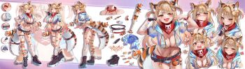 1girl absurdres angry animal_ears arm_behind_back artist_request bandaid bandana baseball_bat bell bikini black_nails blonde_hair blush boots breasts cat_ears cleavage collar collarbone ebiko_(vtuber) finger_to_mouth full_body garter_straps gauze_on_arm highres holding holding_baseball_bat indie_virtual_youtuber jacket large_breasts licking_lips multicolored_nails navel navel_piercing neck_bell open_mouth orange_eyes orange_nails piercing platform_boots pubic_tattoo red_bandana red_collar reference_sheet see-through_clothes see-through_jacket see-through_shorts shorts shrimp_girl shrimp_hair_ornament shrimp_tail single_thighhigh smug solo spiked_bat spiked_belt spiked_thigh_strap sticker_on_arm string_bikini striped_bikini striped_clothes striped_thighhighs swimsuit tail_belt tattoo thighhighs thighs tongue tongue_out white_nails yellow_background