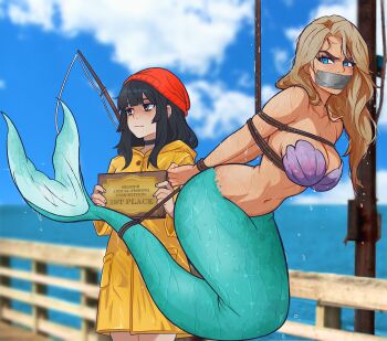 2girls arms_behind_back bare_shoulders bdsm bikini black_choker black_hair blonde_hair blue_eyes bondage bound bound_arms breasts brown_eyes choker cloud coat collarbone fishing fishing_rod gag gagged hat highres hogtie improvised_gag iscreamman001 large_breasts long_hair mermaid monster_girl multiple_girls navel original red_hat shell shell_bikini shibari skindentation sky standing stomach suspension swimsuit tape tape_gag wet yellow_coat