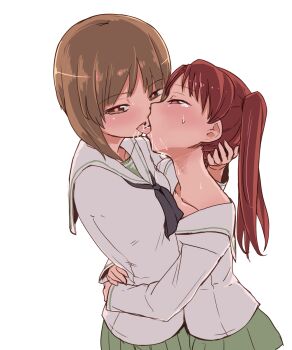 10s 2girls aomushi_(mushamusha) blush brown_eyes brown_hair artistic_error female_focus french_kiss girls_und_panzer hand_on_another&#039;s_head highres hug kadotani_anzu kiss long_hair looking_at_another looking_at_viewer missing_limb multiple_girls nishizumi_miho ooarai_school_uniform saliva school_uniform serafuku short_hair skirt sweat tongue twintails yuri