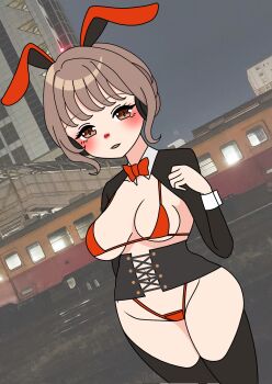 1girl bikini breasts brown_hair cleavage highres red_bikini station_memories swimsuit train tsurumai_satomi