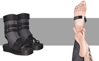 Rule 34 | 1girl, barefoot, black footwear, boots, close-up, feet, flip-flops, foot focus, grey background, highres, liang mu, nail polish, sandals, soles, solo, spread toes, sweat, tattoo, toe scrunch, toenail polish, toenails, toes, two-tone background, unworn boots, white background