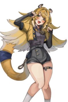 1girl animal_ear_fluff animal_ears black_shirt black_shorts blonde_hair breasts commentary_request cropped_jacket elbow_gloves fingerless_gloves gloves green_eyes highres jacket ju_fufu long_hair looking_at_viewer multicolored_hair o-ring o-ring_thigh_strap open_mouth shirt shorts small_breasts smile solo tail thigh_strap tiger_ears tiger_girl tiger_tail two-tone_hair user_zdaj3378 yellow_jacket zenless_zone_zero