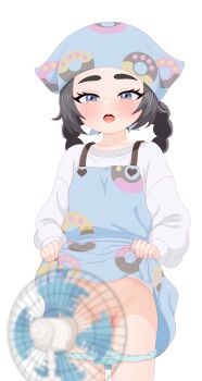 1girl :o absurdres ansha_(pokemon) apron apron_lift blue_apron clothes_lift commentary donut_print electric_fan eyelashes food_print grey_eyes highres kurwik lifting_own_clothes loli long_sleeves motion_blur nintendo open_mouth panties panty_pull pokemon pokemon_legends:_z-a shirt simple_background solo teeth tongue underwear upper_teeth_only white_background white_shirt