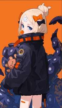 1girl abigail_williams_(fate) abigail_williams_(traveling_outfit)_(fate) absurdres bandaid bandaid_on_face bandaid_on_forehead belt black_bow black_jacket blonde_hair blowing_bubble_gum blue_eyes bow breasts chewing_gum crossed_bandaids fate/grand_order fate_(series) forehead hair_bow hair_bun high_collar highres jacket kasahara_154 long_hair long_sleeves looking_back orange_background orange_belt orange_bow parted_bangs sleeves_past_fingers sleeves_past_wrists small_breasts solo stuffed_animal stuffed_toy teddy_bear tentacles thighs