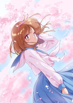 1girl between_legs blue_sailor_collar blue_skirt brown_eyes brown_hair cherry_blossoms closed_mouth commentary_request cowboy_shot dutch_angle falling_petals hairband hand_between_legs hand_on_own_head highres looking_at_viewer medium_hair nanako_(nanako_sos) nanako_sos neckerchief nka_46 outdoors petals pink_hairband pleated_skirt sailor_collar school_uniform serafuku shirt skirt smile solo standing undershirt white_neckerchief white_shirt wind