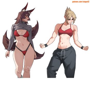 Rule 34 | 2girls, animal ear fluff, animal ears, bare shoulders, bikini, blonde hair, borrowed character, bracelet, breasts, brown hair, brown tail, clenched hands, closed mouth, collarbone, cropped hoodie, crossed legs, edie crop hoodie, fang, fang out, fate/grand order, fate (series), fox ears, fox tail, green eyes, grey pants, grey shrug, highres, jewelry, lips, long hair, long sleeves, looking down, looking to the side, medium breasts, medium hair, midriff, mole, mole on breast, mordred (fate), multiple girls, multiple tails, navel, nose, original, pants, patreon username, profile, red bikini, red eyes, red sports bra, roxy (roxy thefoxy), shoes, shrug (clothing), sidelocks, simple background, small breasts, smile, sports bra, stopu, swimsuit, tail, toned, toned female, white background, white shoes