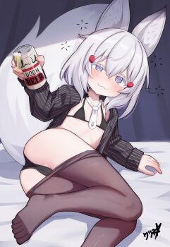 1girl absurdres animal_ears ass beer_can bikini black_bikini boppin breasts can clothes_pull drink_can fox_ears fox_girl fox_tail highres holding holding_can necktie pantyhose pantyhose_pull phase_connect small_breasts solo swimsuit tail tenma_maemi virtual_youtuber white_hair