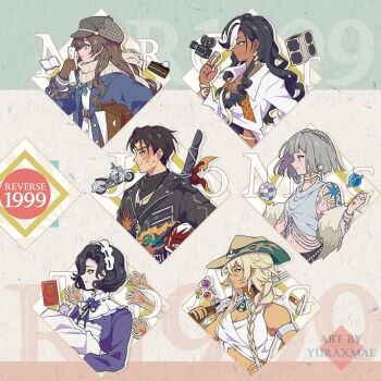 1boy 5girls argus_(reverse:1999) armpit_hold artist_name bare_shoulders belt between_fingers black_hair black_jacket black_neckerchief black_ribbon blanket blonde_hair blue_coat blue_eyes blue_neckerchief blunt_bangs blunt_ends bob_cut book braid brown_belt brown_gloves brown_hair brown_hat burn_scar cake cake_slice candy centurion_(reverse:1999) closed_mouth coat copyright_name cowboy_hat cropped_torso dark-skinned_female dark_skin dice disco_ball door dress feather_boa flower food from_side gloves grey_hair grey_hat grey_tank_top grin gun hand_up hat helmet holding holding_blanket holding_dice holding_gun holding_paper holding_unworn_helmet holding_weapon j_(reverse:1999) jacket lollipop long_braid long_hair maid maid_headdress marcus_(reverse:1999) mercuria_(reverse:1999) midriff motor_vehicle motorcycle motorcycle_helmet movie_projector multicolored_hair multiple_girls navel neck_flower neck_ribbon neckerchief newsboy_cap open_book over_shoulder paper rolled-up_paper profile projector purple_dress purple_flower reverse:1999 ribbon rifle sachertorte_(food) scar scar_on_face scarf shirt short_hair shoulder_tattoo single_braid smile streaked_hair suitcase swaddled tank_top tattoo tuesday_(reverse:1999) unworn_helmet upper_body weapon weapon_on_back weapon_over_shoulder white_dress white_hair white_scarf white_shirt white_tank_top yellow_eyes yurax-mae