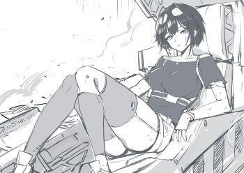 1girl absurdres armored_core armored_core_vi:_fires_of_rubicon asymmetrical_legwear bandaged_arm bandages bandaid bandaid_on_face black_shirt black_thighhighs eyewear_on_head fingerless_gloves gloves highres las91214 looking_at_viewer open_cockpit raven_(armored_core_vi) shirt short_hair shorts single_detached_legging smoke solo sunglasses thick_thighs thigh_strap thighhighs thighs torn_clothes