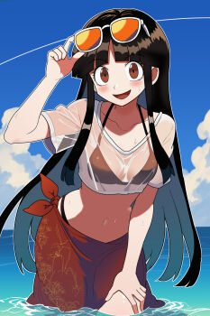 Rule 34 | 1girl, adjusting eyewear, alternate costume, bikini, blue hair, blue sky, bollzzalguy, brown eyes, brown hair, cloud, collarbone, colored inner hair, commentary, day, eyewear on head, hand on eyewear, highres, houraisan kaguya, long hair, looking at viewer, multicolored hair, navel, ocean, open mouth, red bikini, red sarong, sarong, see-through clothes, see-through shirt, shirt, sky, smile, solo, stomach, sunglasses, swimsuit, touhou, very long hair, wading, water, wet, white-framed eyewear