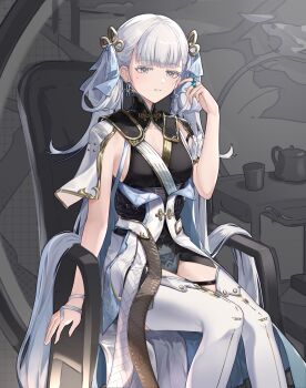 1girl absurdres black_collar black_dress boots bow breasts bright_pupils coat collar colored_eyelashes commentary_request dress earrings feet_out_of_frame grey_eyes hair_bow hair_rings hand_up highres jewelry jinhsi_(wuthering_waves) looking_at_viewer medium_breasts mole mole_on_thigh mole_under_eye parted_lips sitting smile solo thigh_boots thighs white_boots white_bow white_coat white_eyelashes white_pupils wuthering_waves xiu_kukkii