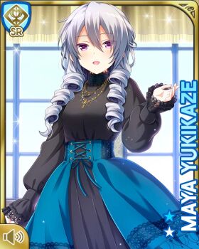 Rule 34 | 1girl, :d, black shirt, blue dress, character name, day, dress, girlfriend (kari), grey hair, indoors, long hair, mansion, official art, open mouth, purple eyes, qp:flapper, shirt, smile, tagme, windows, yukikaze maya