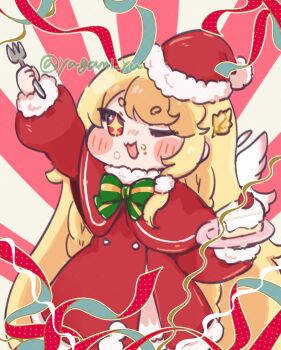 +_+ 1girl blonde_hair blush_stickers cake capelet commentary_request cream cream_on_face dress erpin_(trickcal) food food_on_face fork hat highres holding holding_fork holding_plate long_hair long_sleeves looking_at_viewer one_eye_closed open_mouth plate red_capelet red_dress red_eyes red_hat santa_hat solo strawberry_shortcake trickcal twitter_username very_long_hair yagami_yu