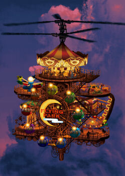 amusement_park cable carousel cloud commentary crescent cumulonimbus_cloud dusk english_text fantasy ferris_wheel floating highres original outdoors people sadajiro sky spinning_teacup star_(symbol)
