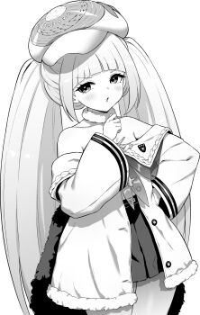 Rule 34 | 1girl, azur lane, azur lane: slow ahead, bare shoulders, blunt bangs, blush, dmitri donskoi (azur lane), greyscale, hand on own hip, hat, highres, hori (hori no su), long hair, looking at viewer, monochrome, pantyhose, parka, parted lips, peaked cap, simple background, skirt, solo, twintails, very long hair, white background, white pantyhose