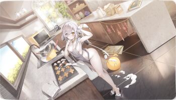 ... 1girl absurdres apron arm_up armpits artist_request ass atelier_(series) atelier_ryza atelier_ryza_2 azur_lane baby_animal baking bare_legs bare_shoulders bird blush book breasts chick cleavage closed_mouth collarbone cookie cooking counter cream day double_bun flower food frying_pan full_body grey_eyes grey_hair hair_between_eyes hair_bun hair_flower hair_ornament hand_up heterochromia highres holding icing indoors jewelry kala_ideas kala_ideas_(chief_turned_chef) kettle kitchen legs looking_at_viewer manjuu_(azur_lane) medium_breasts medium_hair microwave mixing_bowl naked_apron necklace no_bra no_panties non-web_source official_alternate_costume official_art open_mouth oven pastry pastry_bag plate ribbon sideboob sink slippers solo spatula spoken_ellipsis spoken_squiggle squiggle standing stove sunlight thighs thinking tile_floor tiles white_apron white_hair window yellow_eyes