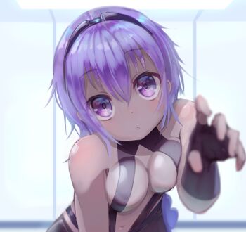 1girl :o bare_shoulders black_gloves blush breasts cleavage dark-skinned_female dark_skin fate/grand_order fate/prototype fate/prototype:_fragments_of_blue_and_silver fate_(series) female_focus fingerless_gloves gloves hair_between_eyes hassan_of_serenity_(fate) looking_at_viewer medium_breasts open_mouth p_answer purple_eyes purple_hair short_hair solo