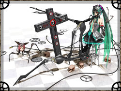 2girls android bug cable calne_ca_(deino) checkered_floor chibi_karu-san claws cosplay creepy cross crustacean deino_(deino3330) floor gears green_hair hatsune_miku hatsune_miku_(cosplay) horror_(theme) insect isopod moth multiple_girls nato-kun original perspective skull vocaloid