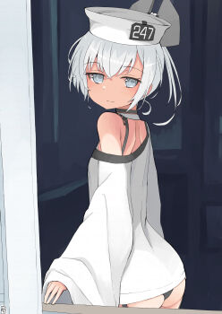 1girl absurdres ass black_one-piece_swimsuit commentary_request dace_(kancolle) dixie_cup_hat from_behind grey_eyes hat highres kantai_collection loli military_hat one-piece_swimsuit shirt side_ponytail solo swimsuit swimsuit_under_clothes toplow white_hair white_shirt window