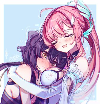 Rule 34 | 2girls, absurdres, adoptive parent and adoptive child, aemeath (wuthering waves), ahoge, bare shoulders, black bow, blue background, blush, border, bow, breasts, chromatic aberration, closed eyes, commentary request, elbow gloves, female rover (wuthering waves), glitch, gloves, hair bow, hair ornament, heavy chromatic aberration, highres, hug, korean commentary, long hair, low ponytail, medium breasts, mother and daughter, multiple girls, open mouth, parted lips, pink hair, ponytail, rover (wuthering waves), sideboob, signature, smile, sw haze, upper body, white border, white gloves, wuthering waves, yellow eyes